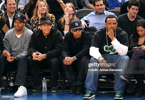 Alex Rodriguez, Jay-Z and CC Sabathia attend the Cleveland Cavaliers Vs. New York Knicks at Madison Square Garden on November 6, 2009 in New York...