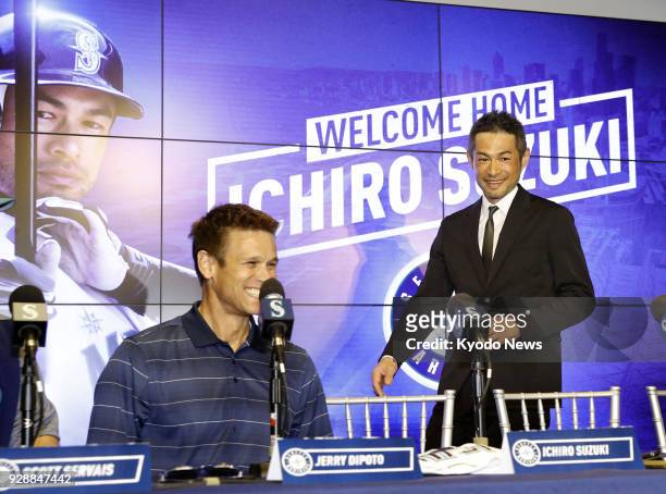 Ichiro Suzuki and Seattle Mariners general manager Jerry Dipoto attend a press conference in Peoria, Arizona, on March 7 as the veteran outfielder...