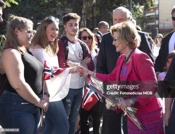 Queen Sonjia of Norway receives the keys of the city from Buenos Aires Mayor Horacio Rodriguez Larreta and meet members of the Norwegian community...