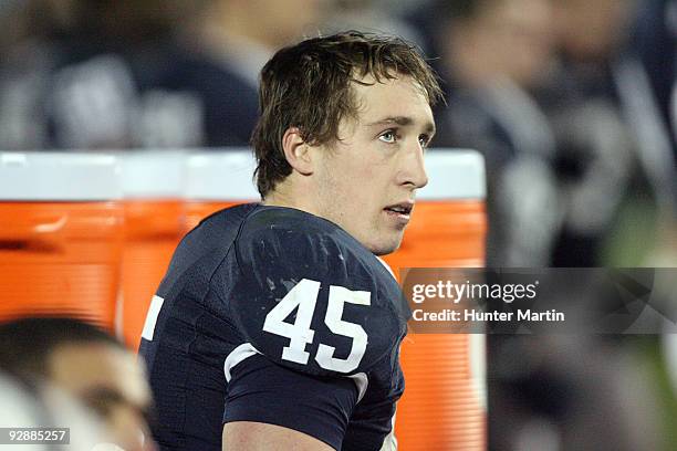 Linebacker Sean Lee of the Penn State Nittany Lions sits on the bench during a game against the Ohio State Buckeyes on November 7, 2009 at Beaver...