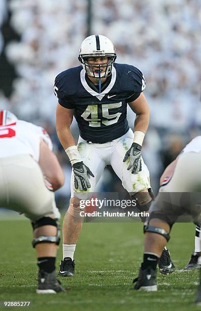 Linebacker Sean Lee of the Penn State Nittany Lions lines up in position during a game against the Ohio State Buckeyes on November 7, 2009 at Beaver...