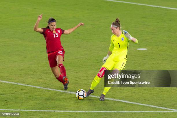 England goalkeeper Karen Bardsley is pressured by United States forward Alex Morgan during the first half of the SheBelieves Cup match between USA...