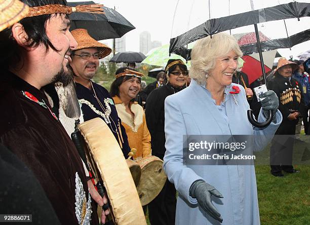 Camilla, Duchess of Cornwall meets First Nation People as she tours the 2010 Olympic Village Site on November 7, 2009 in Vancouver, Canada. The Royal...