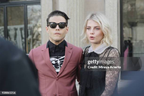 Actor Rami Malek and Lucy Boynton seen at the Miu Miu fashion show during Paris Fashion Week Womenswear Fall/Winter 2018/2019 on March 6, 2018 in...