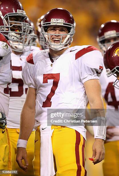 Quarterback Matt Barkley of the USC Trojans smiles while standing in the huddle during the college football game against the Arizona State Sun Devils...