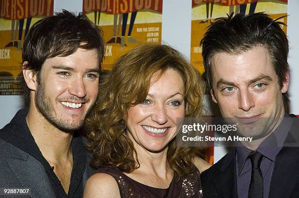 Actors Mark-Paul Gosselaar, Julie White and Justin Kirk attend the Off-Broadway opening night of "The Understudy" at the Laura Pels Theatre on...