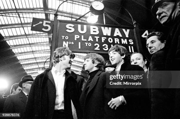 The Beatles start of work on `A Hard Day's Night' film, at Twickenham Studios. Shooting at Paddington Station, on board a train leaving from it,...