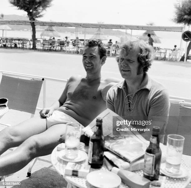 Brian Clough, former Brighton & Hove Albion manager and soon to be Leeds United manager, pictured with Vince Wilson, Sunday Mirror Sports Journalist,...