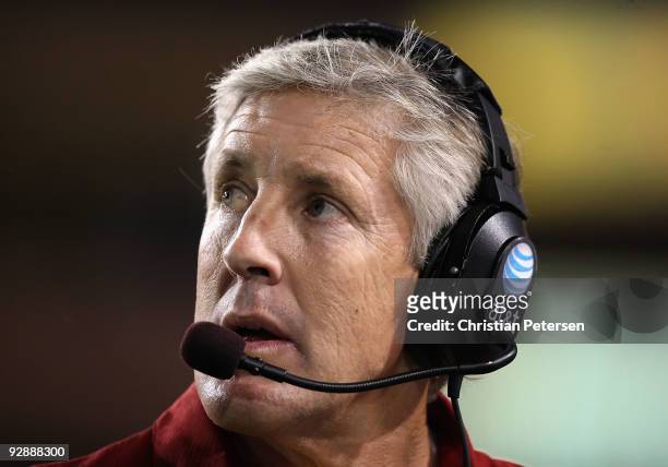 Head coach Pete Carroll of the USC Trojans walks the sidelines during the college football game against the Arizona State Sun Devils at Sun Devil...