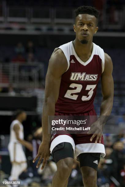 Anderson of the Massachusetts Minutemen reacts after making a three point basket against the La Salle Explorers in the first round of the Atlantic 10...