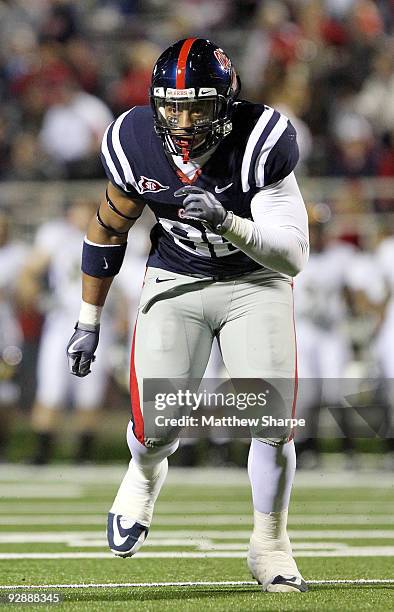 Greg Hardy of the Ole Miss Rebels rushes the line against against the Northern Arizona Lumberjacks at Vaught-Hemingway Stadium on November 7, 2009 in...