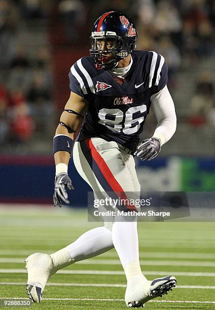 Greg Hardy of the Ole Miss Rebels rushes the line against against the Northern Arizona Lumberjacks at Vaught-Hemingway Stadium on November 7, 2009 in...