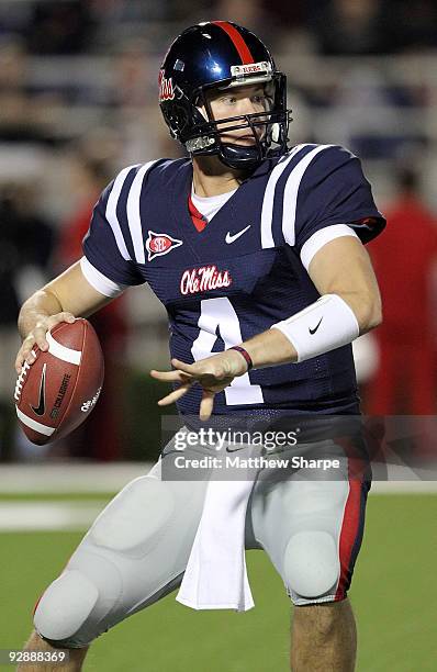 Jevan Snead of the Ole Miss Rebels looks for a receiver against the Northern Arizona Lumberjacks at Vaught-Hemingway Stadium on November 7, 2009 in...