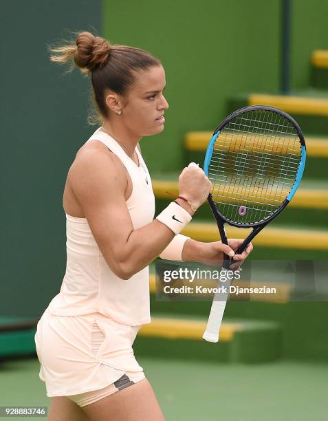 Maria Sakkari of Greece celebrate after defeating Donna Vekic of Croatia during Day 3 of the BNP Paribas Open on March 7, 2018 in Indian Wells,...