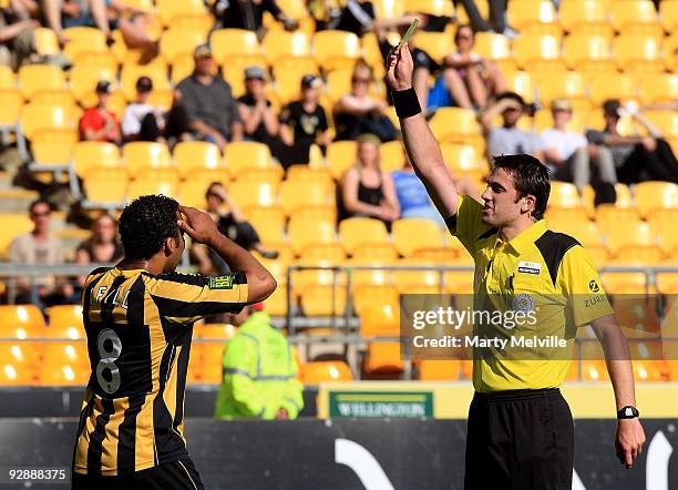 Paul Ifill of the Phoenix gets a yellow card during the round 14 A-League match between the Wellington Phoenix and the Perth Glory at Westpac Stadium...