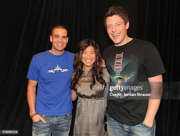 Actors Mark Salling, Jenna Ushkowitz and Cory Monteith pose backstage as the cast of "Glee" signs copies of "Glee: The Music Vol. 1" at Barnes &...