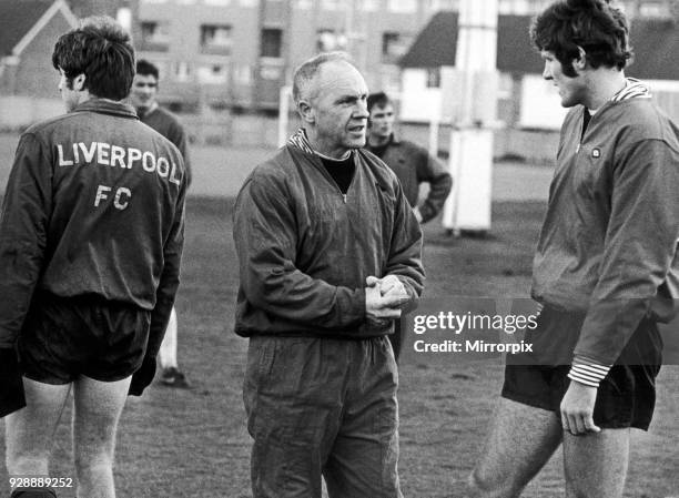 Liverpool manager Bill Shankly speaking with John Toshack during a training session at Melwood, 24th March 1974.