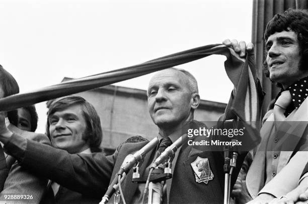 Liverpool manager Bill Shankly acknowledges the huge crowd which turned out on the streets of Liverpool for a civic reception to welcome home their...