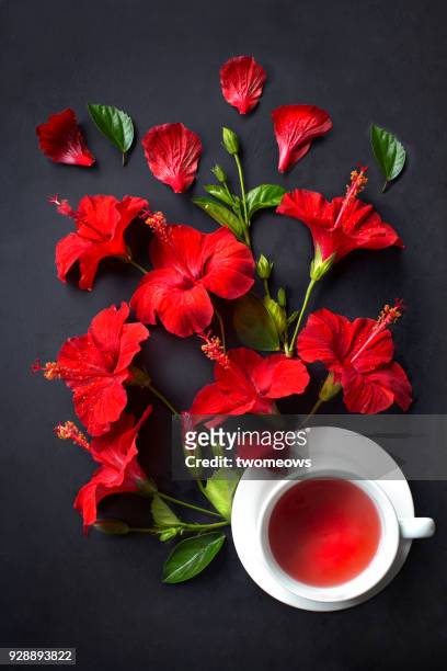 top view of one cup of hibiscus black tea on black background. - hibiscus flower stock-fotos und bilder