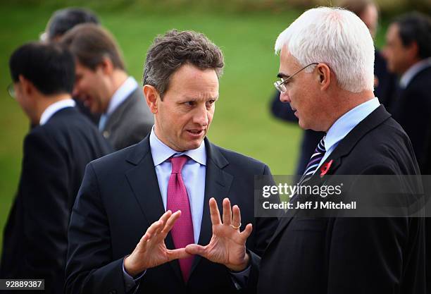 Secretary of the Treasury Timothy Geithner and British Chancellor of the Exchequer Alistair Darling attend the G20 finance ministers family...