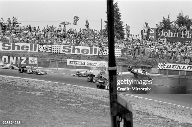 James Hunt crashes but after a restart, still eventually wins 1976 The British Grand Prix at Brands Hatch. British driver James Hunt was involved in...