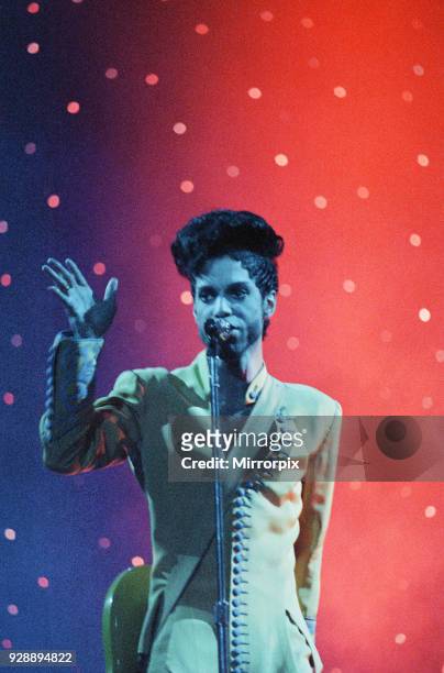 American pop star Prince performing on stage at Earls Court, London during his Diamonds and Pearls tour, 15th June 1992.