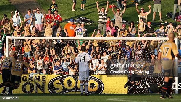 Michael Bridges of the Jets scores from a penalty during the round 14 match between the Newcastle Jets and the North Queensland Fury at...