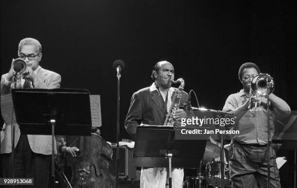 Art Farmer and Benny Golson Jazztet performing in Copenhagen, Denmark, July 1995. L-R Art Farmer, Benny Golson, Curtis Fuller.