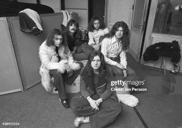 Group portrait of hard rock band Deep Purple in a recording studio, Copenhagen, Denmark, 1973. Clockwise from left: Ritchie Blackmore, Jon Lord, Ian...