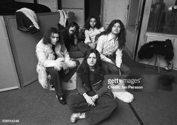 Group portrait of hard rock band Deep Purple in a recording studio, Copenhagen, Denmark, 1973. Clockwise from left: Ritchie Blackmore, Jon Lord, Ian...
