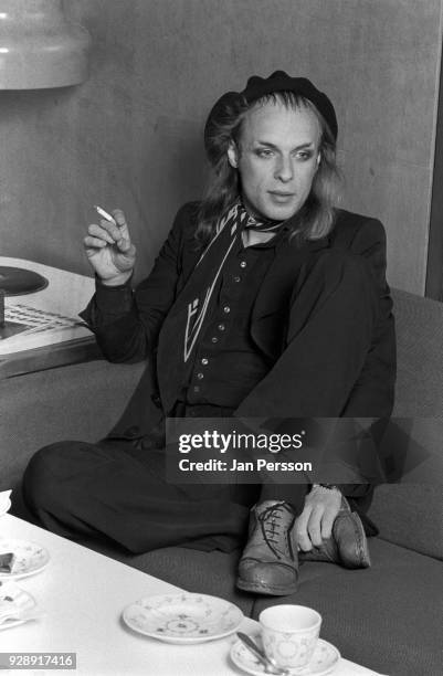 British musician and composer Brian Eno at a press conference in Copenhagen, Denmark, 1974