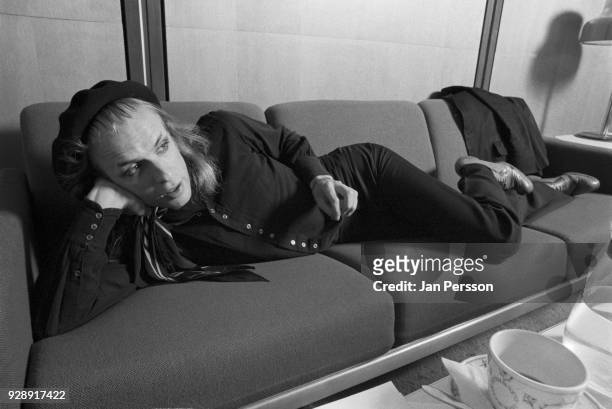 British musician and composer Brian Eno at a press conference in Copenhagen, Denmark, 1974