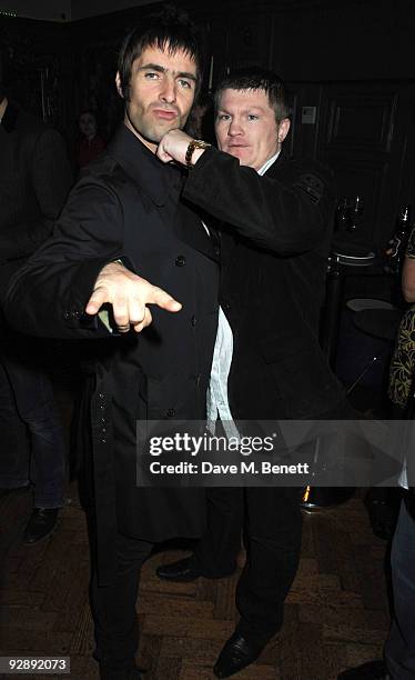 Liam Gallager and Ricky Hatton attend the launch of Liam Gallaghers clothing line, Pretty Green, at the Gore Hotel on November 7, 2009 in London,...