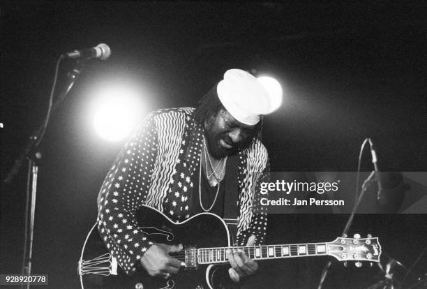 American jazz guitarist and singer James Blood Ulmer performing at Jazzhouse Montmartre, Copenhagen, Denmark, 1991. He is playing a Gibson Byrdland...