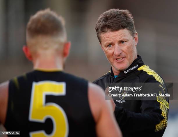 Damien Hardwick, Senior Coach of the Tigers addresses his players during the AFL 2018 JLT Community Series match between the Richmond Tigers and the...