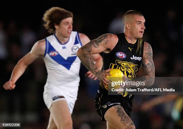 Dustin Martin of the Tigers in action during the AFL 2018 JLT Community Series match between the Richmond Tigers and the North Melbourne Kangaroos at...