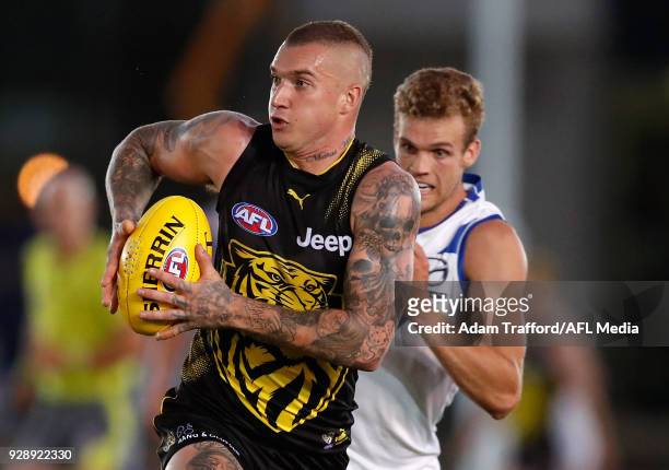 Dustin Martin of the Tigers in action during the AFL 2018 JLT Community Series match between the Richmond Tigers and the North Melbourne Kangaroos at...