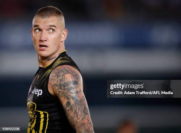 Dustin Martin of the Tigers looks on during the AFL 2018 JLT Community Series match between the Richmond Tigers and the North Melbourne Kangaroos at...