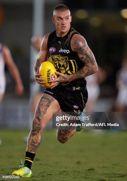 Dustin Martin of the Tigers in action during the AFL 2018 JLT Community Series match between the Richmond Tigers and the North Melbourne Kangaroos at...