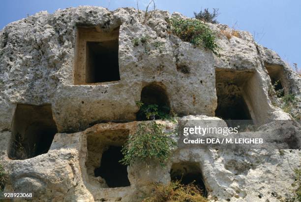 Rock-cut tombs, necropolis of Pantalica , Sortino, Sicily, Italy. Pantalica civilization, 15th-7th century BC.