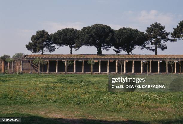 Large Palaestra seen from one of its sides, Roman archaeological site of Pompeii , Campania, Italy, 1st century BC.