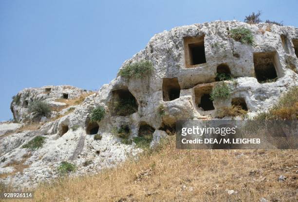 Rock-cut tombs, necropolis of Pantalica , Sortino, Sicily, Italy. Pantalica civilization, 15th-7th century BC.