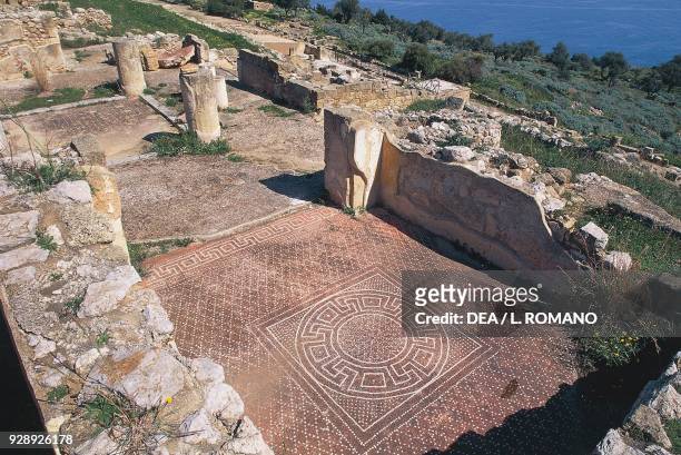 Mosaic floor of the Roman domus Casa del Cerchio in Mosaico, Archaeological site of Soluntum, Santa Flavia, Sicily, Italy, 1st century BC.