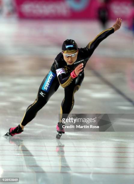 Tomomi Okazaki of Japan competes in the women 500 m - Division A race during the Essent ISU World Cup Speed Skating on November 8, 2009 in Berlin,...