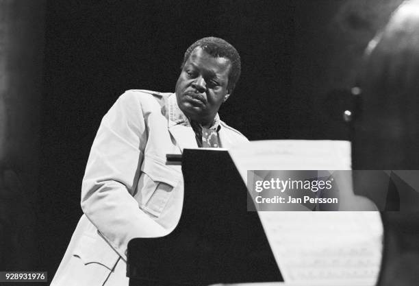 American jazz pianist Oscar Peterson at a television recording in Copenhagen, Denmark, 1980.