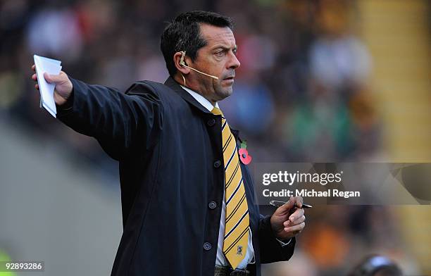 Hull manager Phil Brown signals to his players during the Barclays Premier League match between Hull City and Stoke City at the KC Stadium on...