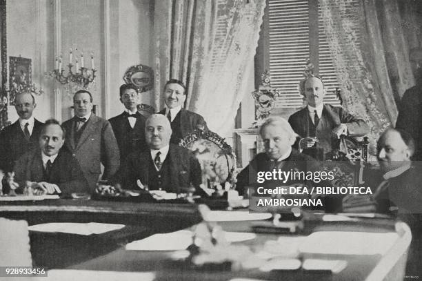 Plenary session at the Sanremo conference, attended by representatives of the four victors of World War I including British Prime Minister David...