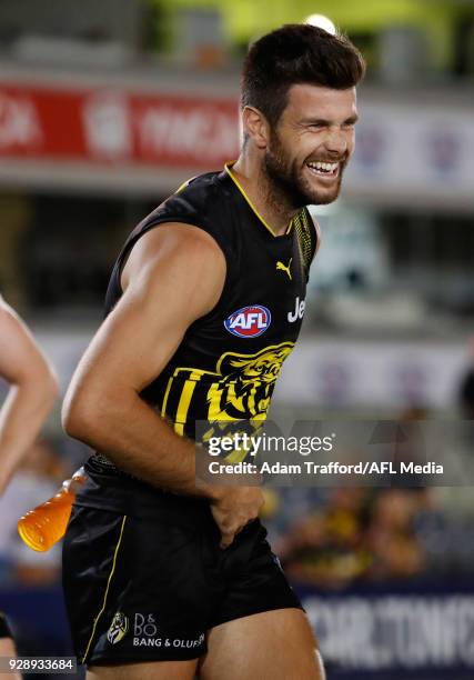 Trent Cotchin of the Tigers shares a laugh with teammates during the AFL 2018 JLT Community Series match between the Richmond Tigers and the North...