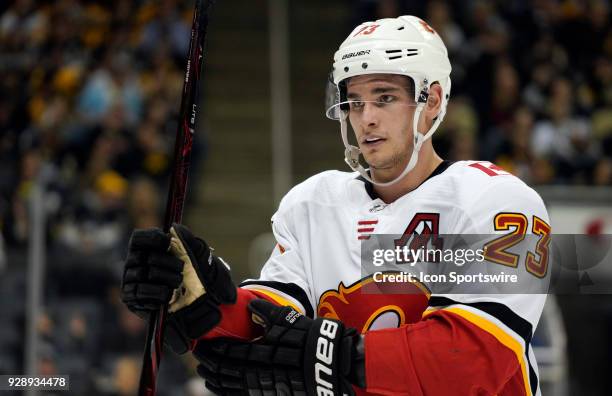 Calgary Flames Center Sean Monahan looks on during the third period in the NHL game between the Pittsburgh Penguins and the Calgary Flames on March 5...