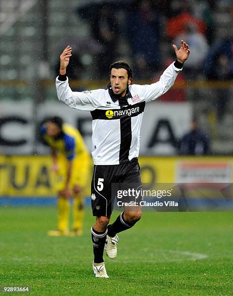 Christian Zaccardo of Parma FC celebrates after the opening goal during the Serie A match between Parma FC and AC Chievo Verona at Stadio Ennio...